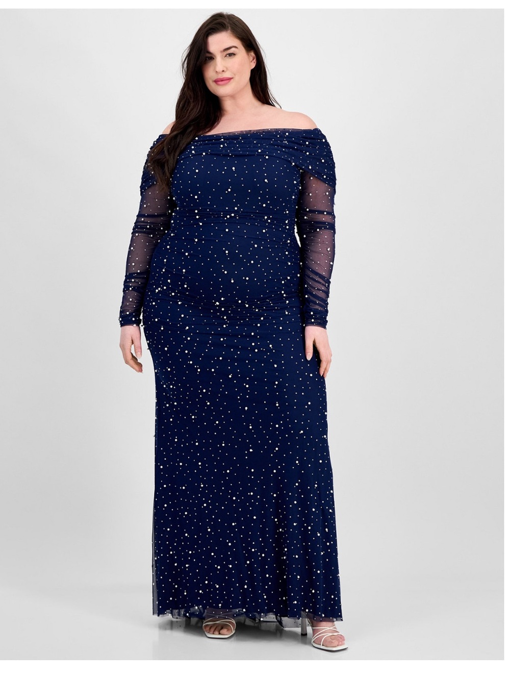 B Darlin Navy Off-Shoulder Long Sleeve Evening Gown with Metallic Dots